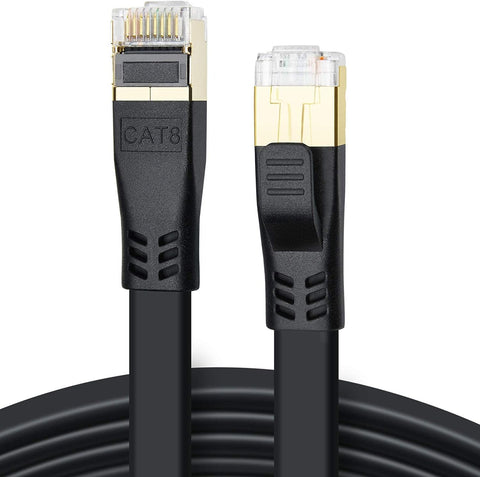 CAT 8 Ethernet Cable, 25ft High Speed 40Gbps 2000MHz 26AWG Shielded in Wall Flat S/FTP CAT8 Gigabit Internet Network LAN RJ45 Patch Cord for PS5, PS4, PS3, Xbox, Gaming, Router, Modem, PC (25ft Black)