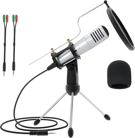 MSIZOY Condenser Microphone 3.5mm,Plug and Play Podcast Recording Microphone Computer PC Mic with Stand for Phones Mac Laptop Desktop Windows for Singing/Gaming/Broadcast/Music/YouTube/Skype(Silver)