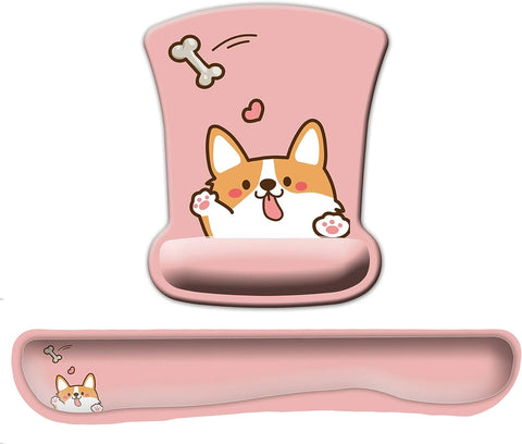 Funny Corgi Heart Bone Pink Theme Mouse Pad with Wrist and Keyboard Support Gel Set for Women Kids Laptop Computer Office Home Gaming