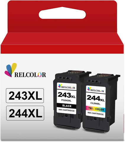 Relcolor 243XL 244XL Ink Cartridge for Canon Ink 243 and 244 XL PG243 CL244 245XL 246XL Black Color Combo Pack for Canon Pixma MX490 MX492 MG2522 MG2922 TR4520 TR4522 TS3322 TS3122 Ts202 Printer