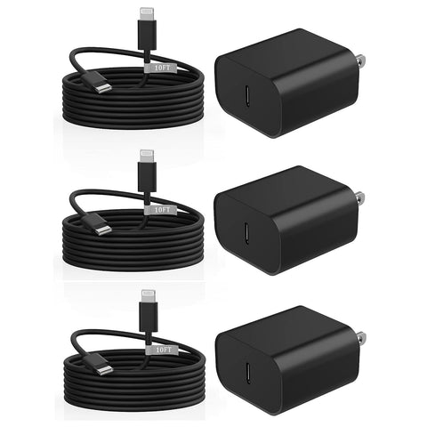 iPhone Charger 10 FT, 3 Pack [Apple MFi Certified] PD 20W USB C iPhone Charger Fast Charging Block & 10FT Long Type C to Lightning Cable Compatible for iPhone 14 13 12 11 Pro Max XS XR X 8 iPad, Black