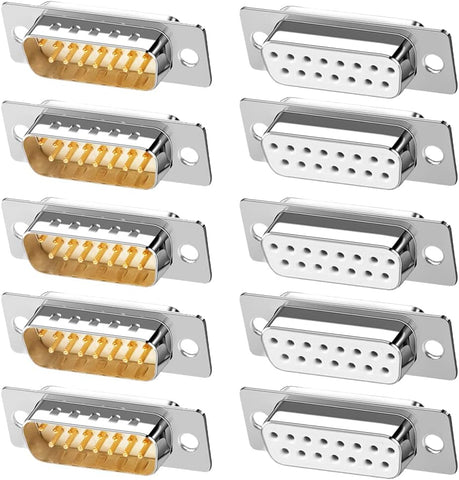 Jienk 10PCS DB15 RS232 Serial D-SUB Solder Cup Connectors, Gold Plated Joints RS232 Serial Port 15Pin D Sub Couplers(Male x 5, Female x 5)