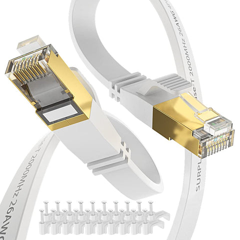 Cat8 Ethernet Cable 50FT-White-40Gbps Solid Conductor & Shielded & Ground Wire Long Distance Internet Network Flat Cord,Gold-Plated RJ45 Cat 8 LAN Line for PS5,Xbox,Hub,Router,NAS(30 Clips)