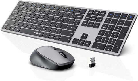 WisFox Wireless Keyboard and Mouse, Lag-Free Ultra Slim Keyboard with Silent Keys, Smart Sleep Mode, Ergonomic Cordless Mouse Combo with 3 DPI for Windows, Computer, Laptop, Mac, PC(Silver and Gray)