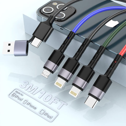 10 Ft USB C Multi Fast Charging Cable Universal USB Cellphone Cables 4 in 1 Charging Cord with Lightning*2+Type C+Micro USB Nylon Braided Charger Cord Adapter for Apple iOS iPhone/Android/Samsung