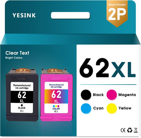 62XL Ink Cartridge Combo Pack, High Yield, for Ink Cartridge 62 62XL Black and Color, for Envy 5540 5640 7640 5660 7645 5661 5542 5642 OfficeJet 5740 5746 5745 250 Printers (2-Pack)