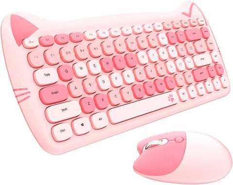ZMX A3060 Cat Keyboard and Mouse Set, Pink Cat Paw Retro Wireless Keyboard 2.4G USB Multi-Color 84 Keys Compatible with Computer/Laptop/PC Desktops/Mac?Pink?