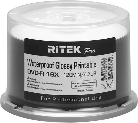 50 Pack Ritek Pro (Professional Grade) DVD-R 16X 4.7GB AZO Dye (MID MXL RG04) Watershield Water Resistant Glossy White Inkjet Hub Printable Blank Recordable Disc