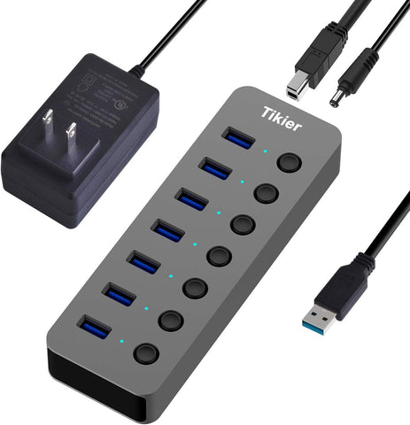 Tikier USB 3.0 Hub, 7 Port Powered USB Splitter Expander BC 1.2 Charging Port with 24W Power Adapter for Laptop, Printer, Mouse, PC, USB Flash Drives and More