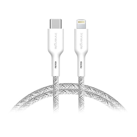 Innergie USB C to Lightning Cable (5.9ft, 1.8m) Apple Mfi Certified - 3A Fast Charging Cable 480Mbps Data Transfer, Design for iPhone/iPad/AirPods (Nylon Braided- White) (Delta Electronics)