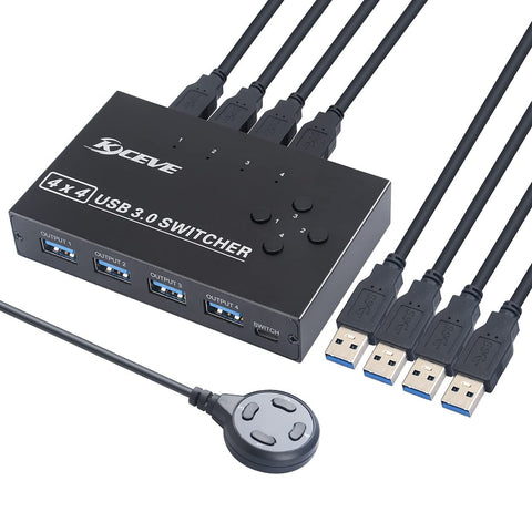 KCEVE USB 3.0 Switch, USB Switch Selector 4 Computer Sharing 4 USB Devices KVM Switcher Box for Share Printer, Scanner, Mouse, Keyboard, Compatible with Mac/Windows/Linux, with 4 Pack USB 3.0 Cables