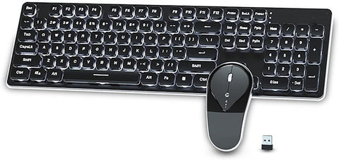 Wireless Keyboard and Mouse Combo Backlit,Rechargeable 104-Key Full Sized Menbrane Keyboard and Silent Mice Set,2.4Ghz Connection,Ergonomic,Home Office Gamer Use (Black with White Light)