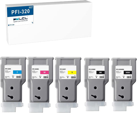 LCL Compatible Ink Cartridge Pigment Replacement for Canon PFI320 PFI-320 PFI-320MBK PFI-320BK PFI-320C PFI-320M PFI-320Y 300ML imagePROGRAF IPF TM-200 IPF TM-205 (5-Pack KCMYMBK)