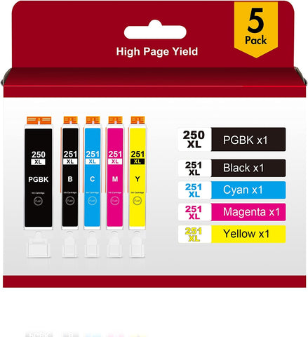 PGI-250XL CLI-251XL Ink Cartridge with 5 Color Value Pack Compatible for Canon 250 251 Ink Cartridges Use for MG5420, MG5422, MG5500, MG5520, MG5522, MG5620(PGBK, Black, Cyan, Magenta, Yellow)