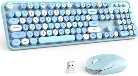 Wireless Keyboard and Mouse Combo - GEEZER Sky Blue Full-Sized Colorful Keyboard 104 Keys - USB 2.4 G Receiver Plug Play with Round Keycap Typewriter Keyboards, for Windows, PC, Laptop, Desktop