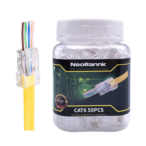 NeoRannk RJ45 Pass Through Connectors 50PCS Gold Plated Ends 8P8C Modular Ethernet UTP Network Cable Plug for Large 23AWG Cat6 Cable