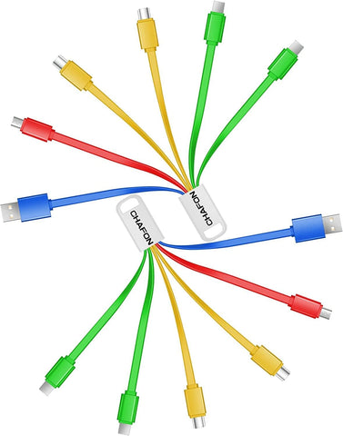 CHAFON Multi Charging Cable Short, 2Pack 6 in 1 Multiple USB Fast Charger Cord Adapter Type C Micro USB Port Connectors Compatible with Cell Phones/Tablets/Portable Charger (Multi-Colored)