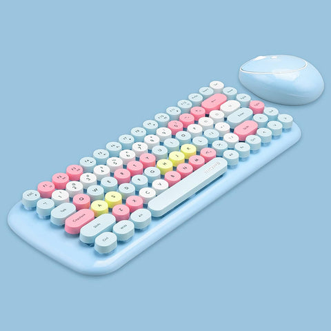 2.4G USB Wireless Keyboard and Mouse Combo, Multi-Color Typewriter Style Round Keycap, Cute Candy Colors, Compatible with Notebook, PC (84 Keys,Light Blue)