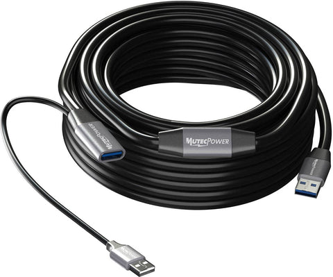 MutecPower 50 Feet Active USB 3.0 Male to Female Extension Cable USB A Repeater Extender Cord with 2 boosters & USB Power Supply - Black 15m – Compatible with Laptops, Hard Drives, Xbox, PS4, VR etc