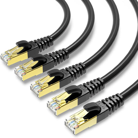 KASIMO CAT 8 Ethernet Cable 15 Feet, 5 Pack Black Shielded SFTP Internet Network Patch Cord, Heavy Duty High Speed LAN Cables w Gold Plated RJ45 Connector Professional for Router, Modem, Gaming