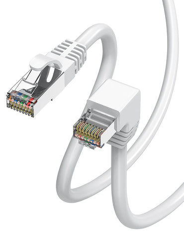 JUXINICE CAT6 Ethernet Cable 90 Degree RightAngled Upward,Copper Cat 6 Network Cable RJ45 gigabit Internet Cable for PC, Router, Modem, Xbox, PS4, PS3-6FT,White (UP Angle, 30FT)