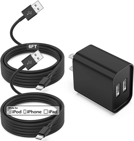 iPhone Charger with Block 6ft Cable[MFi Certified], USB Wall Charger and Long 6 Feet Lightning Cord, 12W 2 Ports Charging Plug Block Box for iPhone 12/11/XR/X/Xs/Xr/8/7/6/6s Plus/SE/5c/iPad?Black?