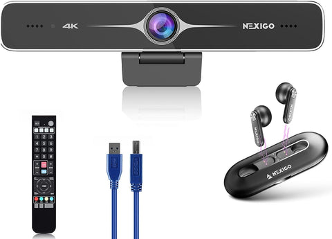 NexiGo 4K Zoomable Webcam Kits, N970P Al-Powered Auto-Framing, Web Camera with Flash Memory, 10x Digital Zoom, 8.5MP Sony Sensor, Air T2 Ultra-Thin Wireless Earbuds, for Zoom/Skype/Teams