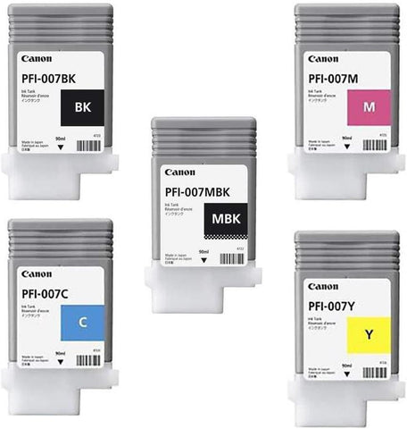 Canon 90ml Dye Ink Tank Bundle for imagePROGRAF iPF670E Printer, Consists of PFI007BK Black, PFI007C Cyan, PFI007M Magenta, PFI007MBK Matte Black, PFI-007Y Yellow