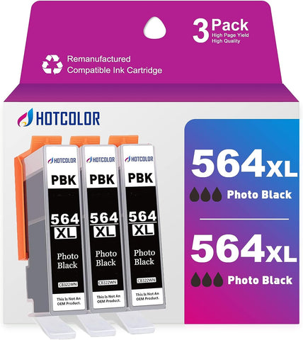 HOTCOLOR 564XL Photo Black Ink Cartridge Replacement for HP564XL Ink Cartridges CB322WN for HP Photosmart 7520 c309g 7510 7525 b210e Printer(3 Small/Thin PBK, 3Pack)