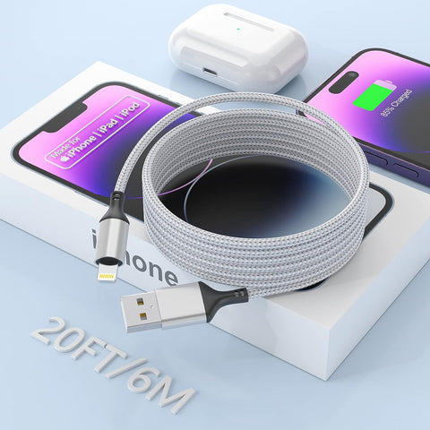 Extra Long iPhone Charger Cable 20ft/6M, Apple MFi Certified Lightning Cable 20ft, Fast Charging Nylon Braided iPhone Charging Cord for Apple iPhone 13 Pro Max/13/12 Mini/11/X/XS/XR/8 Plus/7/6/5/iPad