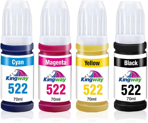 KINGWAY 522 Ink Bottles(Not Sublimation Ink), Replacement for Epson 522 T522 Ink Bottle Refill Combo ecotank Work with EcoTank ET-2800 ET-2803 ET-2720 ET-4800 ET-2400 ET-4700 Printer 4-Pack