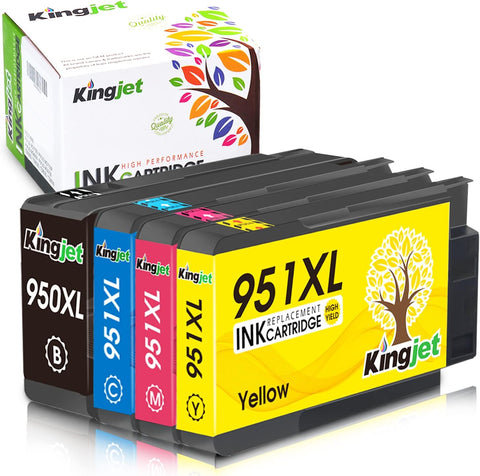 Kingjet Compatible for HP 950XL 951XL Combo Replacement for HP 950 951 950XL 951XL Work with Officejet Pro 8600 8610 8620 8100 276DW 251DW Printers, 4 Pack (Black/Cyan/Magenta/Yellow)