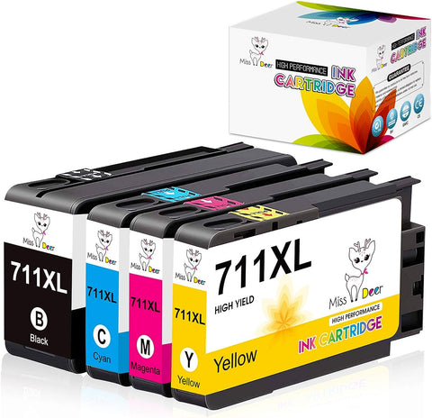 Miss Deer 711XL Ink Cartridges Replacement for HP 711 711XL Ink,Work for HP Designjet T120 T520 24-in T520 36-in Printer (Black,Cyan,Magenta,Yellow) 4 Pack