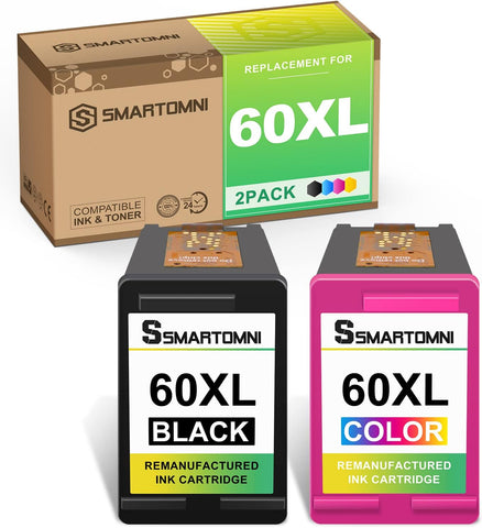 S SMARTOMNI 60XL 60 Ink Cartridge Replacement for HP 60 Combo Pack Color and Black for HP Deskjet D2500 F2430 HP Envy 100 110 120 111 Photosmart C4600 C4780 D110a (2 Pack, Black and Tri-Color)