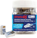 Simply45 Standard Shielded (Internal Ground) RJ45 Modular Plugs for Cat5e STP and 8-24AWG Cat5e/6/6a STP Stranded - Blue Tint, 3 Prong Pin Design - 50-Pieces - S45-1050