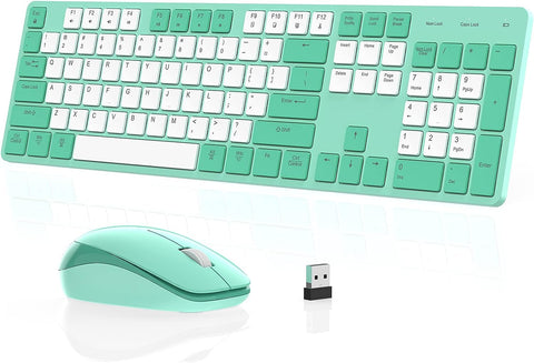 POWZAN Wireless Keyboard and Mouse, Ultra Slim Compact Full Size Wireless Keyboard and Mouse Combo 2.4G Ultra-Thin Sleek Design for Windows, Mac, Computer, Desktop, PC, Notebook - (Green White)