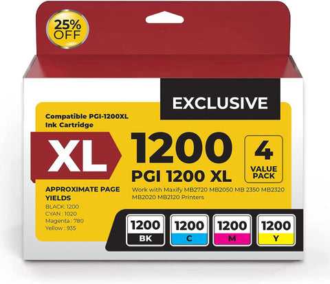 Canon PGi-1200XL Compatible Ink Cartridges Value Ink. Works with Maxify MB2720 MB2320 MB2120 MB2350 MB2050 MB2020 Printers. 4 Pack Black, Cyan, Magenta, Yellow