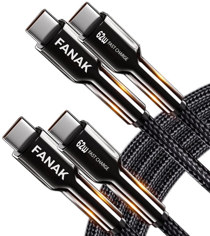 USB C to Cable, FANAK 62W [2-Pack, 6.6ft] PD 3.1A QC 4.0 Fast Charging Type Zinc Alloy Nylon Braided Data Cable for Samsung S21 S20+ S10 Note 10 iPad Pro MacBook air Pixel etc, Black, 6.6