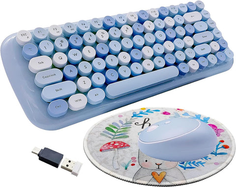 Seaciyan Wireless Keyboard and Mouse Combo, Ergonomic Cute Mini Portable Retro Typewriter Keyboard Set for Computer/Laptop/Tablet/PC/Mac (Mixed-Blue)