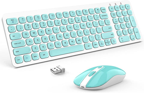 Wireless Keyboard and Mouse Combo, Ultra Thin Quiet Portable Wireless Keyboard and 2.4GHz Wireless Mouse with Nano USB Receiver for Windows Laptop PC Notebook (White(Blue Keys))