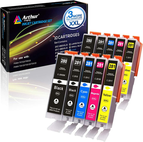 Arthur Imaging Compatible Canon Ink cartridges 280 and 281 Replacement PGI-280XXL CLI-281XXL PGI 280 XXL CLI 281 XXL PIXMA TR7520 TR8520 TS6120 TS6220 TS8220 TS9120 TS9520 TS9521C Printer (10 Pack)