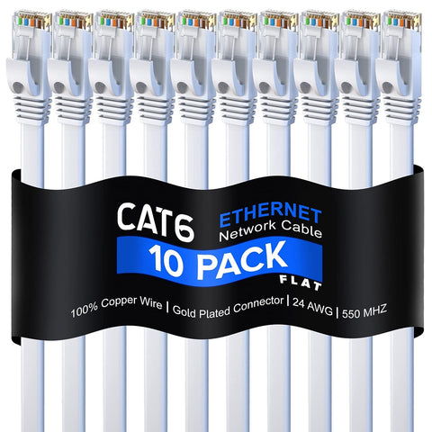 Cat 6 Ethernet Cable 3 ft - with a Flat, Space-Saving Design High-Speed Internet & Network LAN Patch Cable, RJ45 Connectors - [3ft / White / 10 Pack] - Perfect for Gaming, Streaming, and More!