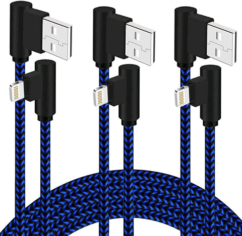 FOXSEA Lightning Cable iPhone Charger 3Pack 3Ft 90 Degree MFi Certified for iPhone Charger Nylon Braided Fast Charger Lightning Cord iPhone for iPhone 13 12 11 Pro Max XS XR 8 7 6 iPad (Blue Black)