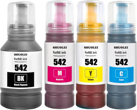 SHUOLEI 542 Ink Compatible Refill Bottle Ink 542 T542 Work for EcoTank Pro ET-5150 ET-5170 ET-5180 ET-5800 ET-5850 ET-5880 ET-16650 ET-16600 Workforce ST-C8000 (4 Packs, BK/C/M/Y)