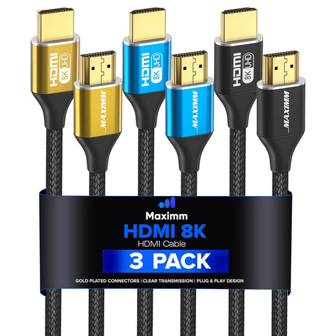 Maximm 8k Hdmi Cable 12ft,HDMI 2.1 Cable, Hdmi Cord Long Hdmi Cable 12 ft, Ultra High Speed Hdmi Cable, 8k @60 HZ (12 Ft, 3 Pack)