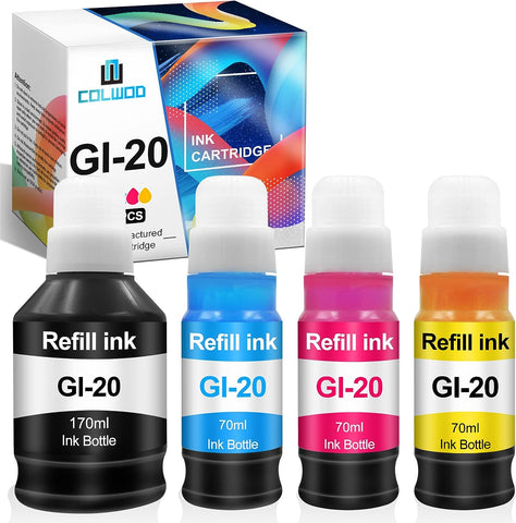 COLWOD Compatible Canon GI-20 GI20 Refill Ink Bottles Kit for Canon PIXMA G5020 G6020 G7020 MegaTank Printers (1 Black Ink 170mL, C/M/Y Ink 70mL, 4-Pack)