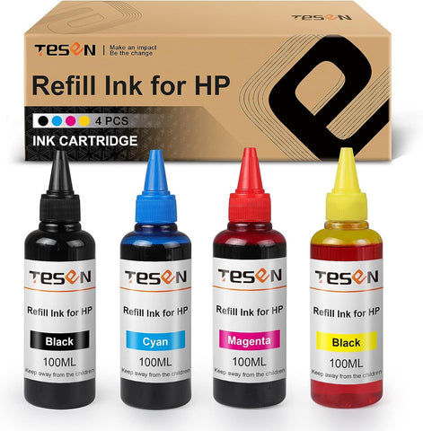 67XL TESEN Ink Refill Kit for HP 910XL 962XL 952XL 932XL 902XL 934XL 63XL 60XL 64XL 62XL 61XL 94XL 95XL 920XL 901XL 933XL 940XL 951XL 965 100MLx4 Bottles with Syringes - 1 Black 1Cyan 1Magenta 1Yellow