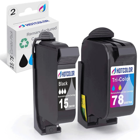 HOTCOLOR Ink Cartridge 78 15 Replacement for HP 15 78 Ink for HP 940C Ink Deskjet 812c PSC 750 Officejet V40 G85 Ink(1Black/1Tri-Color, 2Pack)