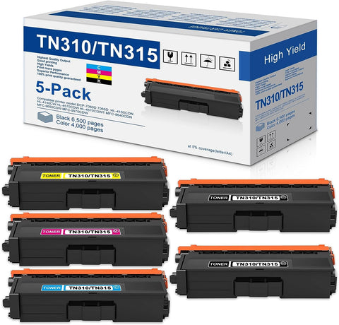 TN-315 TN310 Toner Cartridge High Capacity (5-Pack, 2BK/1C/1M/1Y) Replacement for Brother HL-4570CDW 4570CDWT MFC-9640CDN 9650CDW 9970CDW Printer - TN315K TN315C TN315M TN315Y