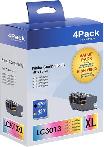 LC3013 High Yield 4 PKS Compatible Ink Cartridge Replacement for Brother LC3013 LC3011 Ink Cartridges BK/C/M/Y, Use for MFC-J491DW MFC-J497DW MFC-J690DW MFC-J895DW Printer